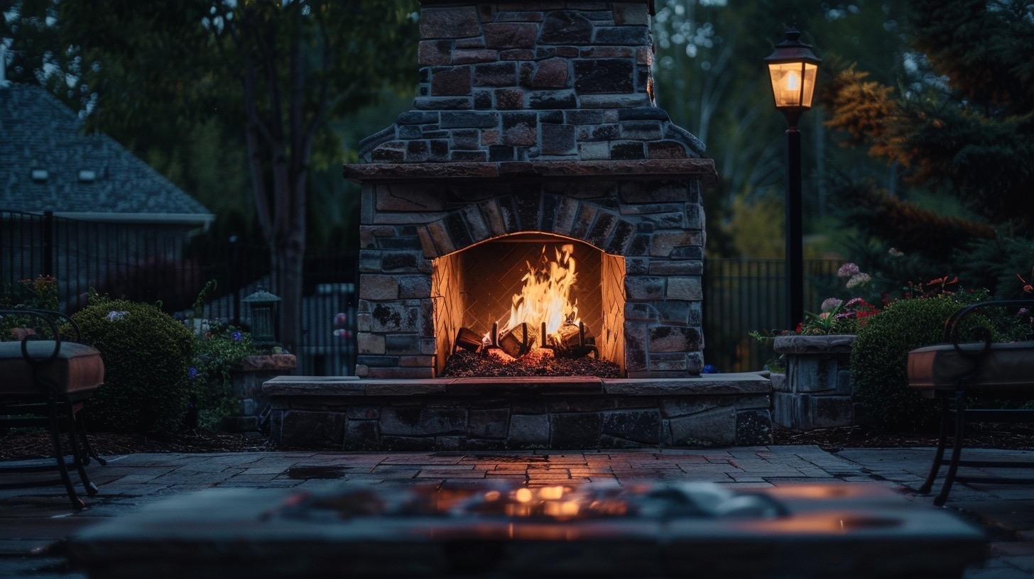Outdoor fireplace at dusk