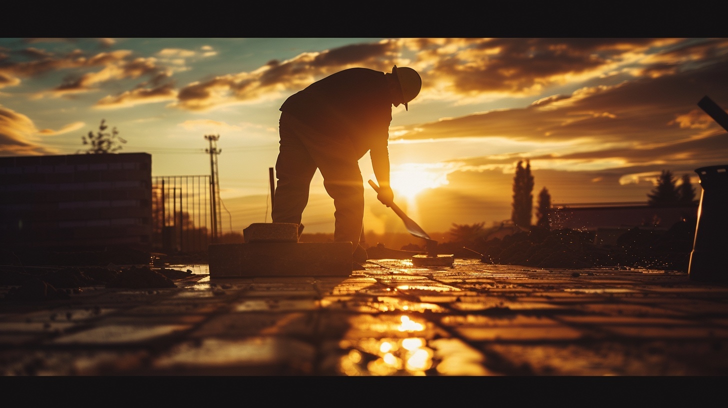 Craftsman laying pavers at sunset