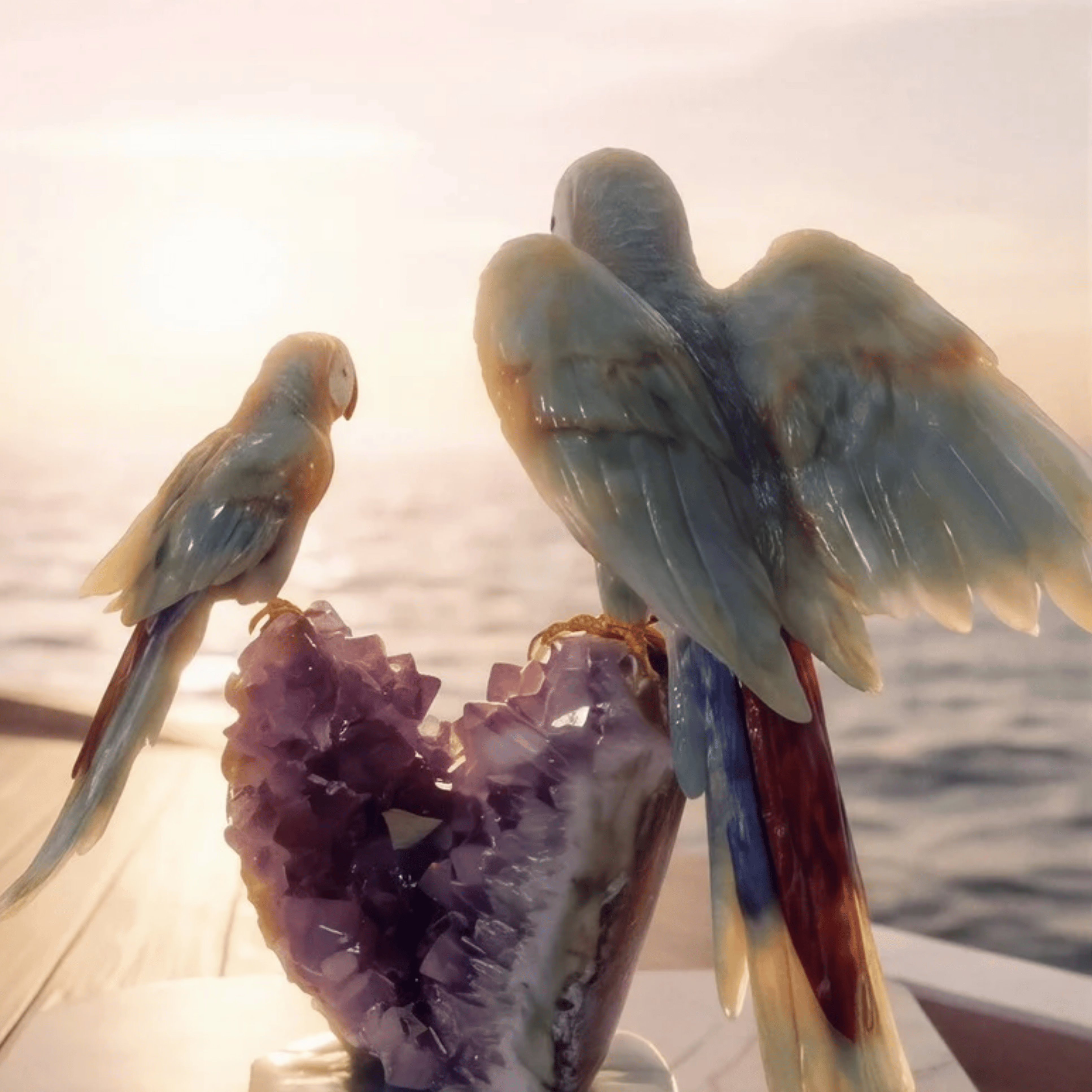 Blue Macaws on Amethyst Cathedral — oceanside
