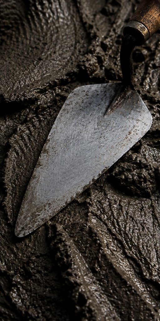 A mason's trowel resting on fresh mortar