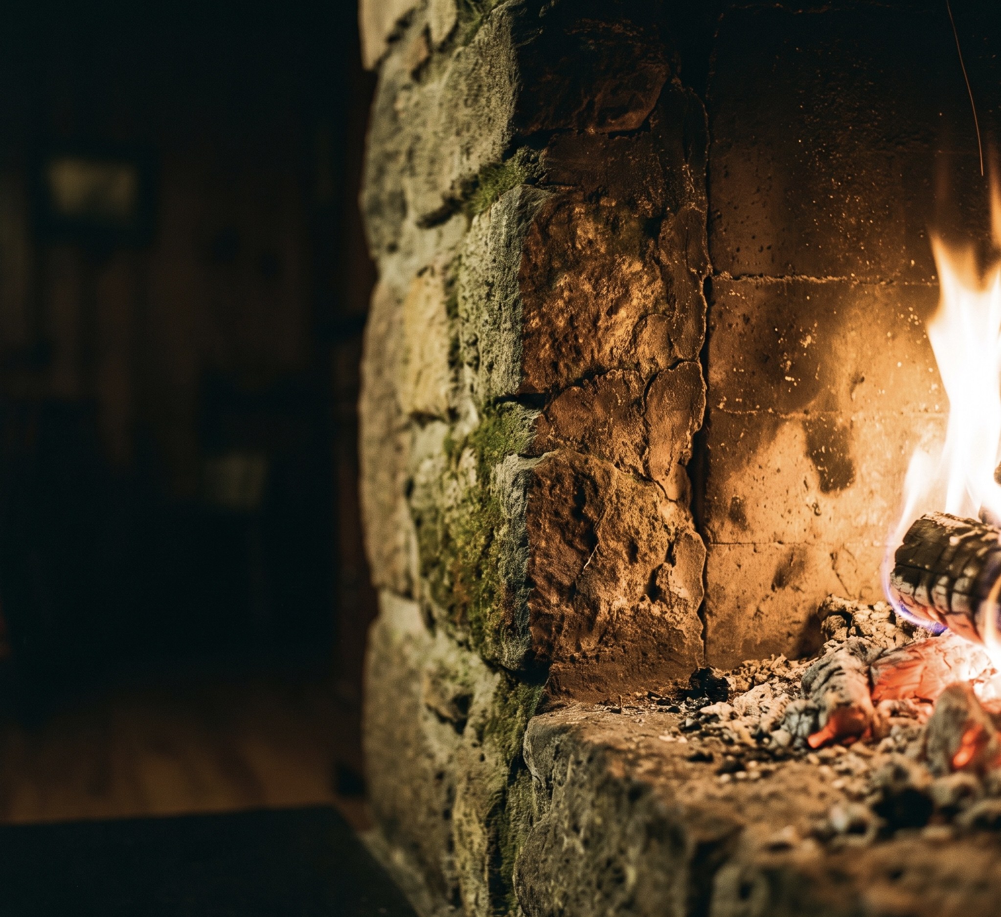A lit stone fireplace hearth