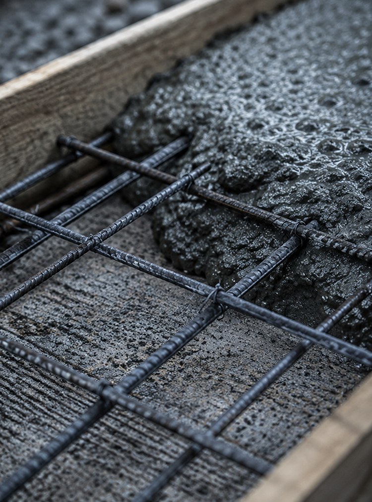 Rebar tied inside a form as concrete is poured
