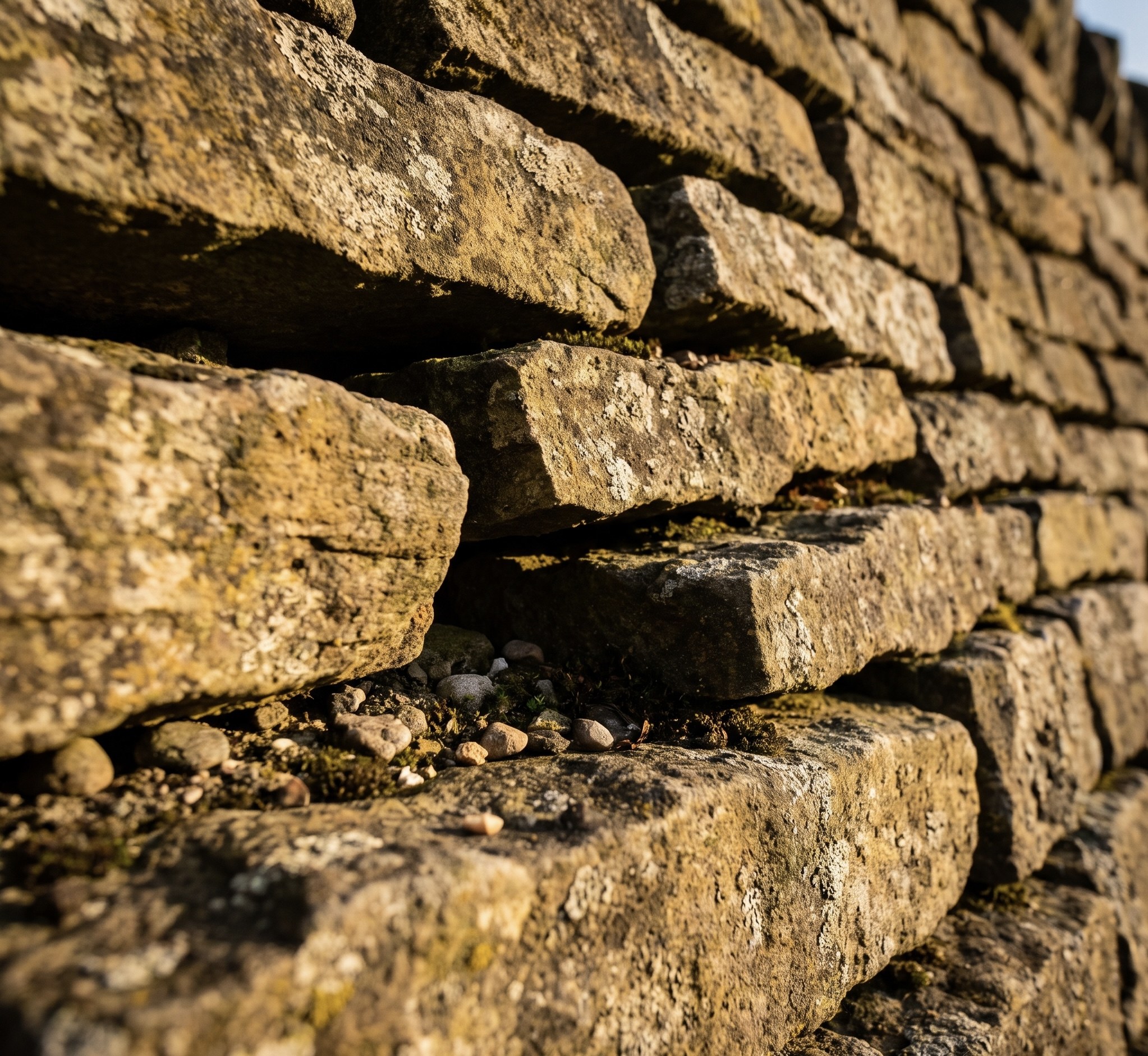 A dry-stacked retaining wall's stepped batter face