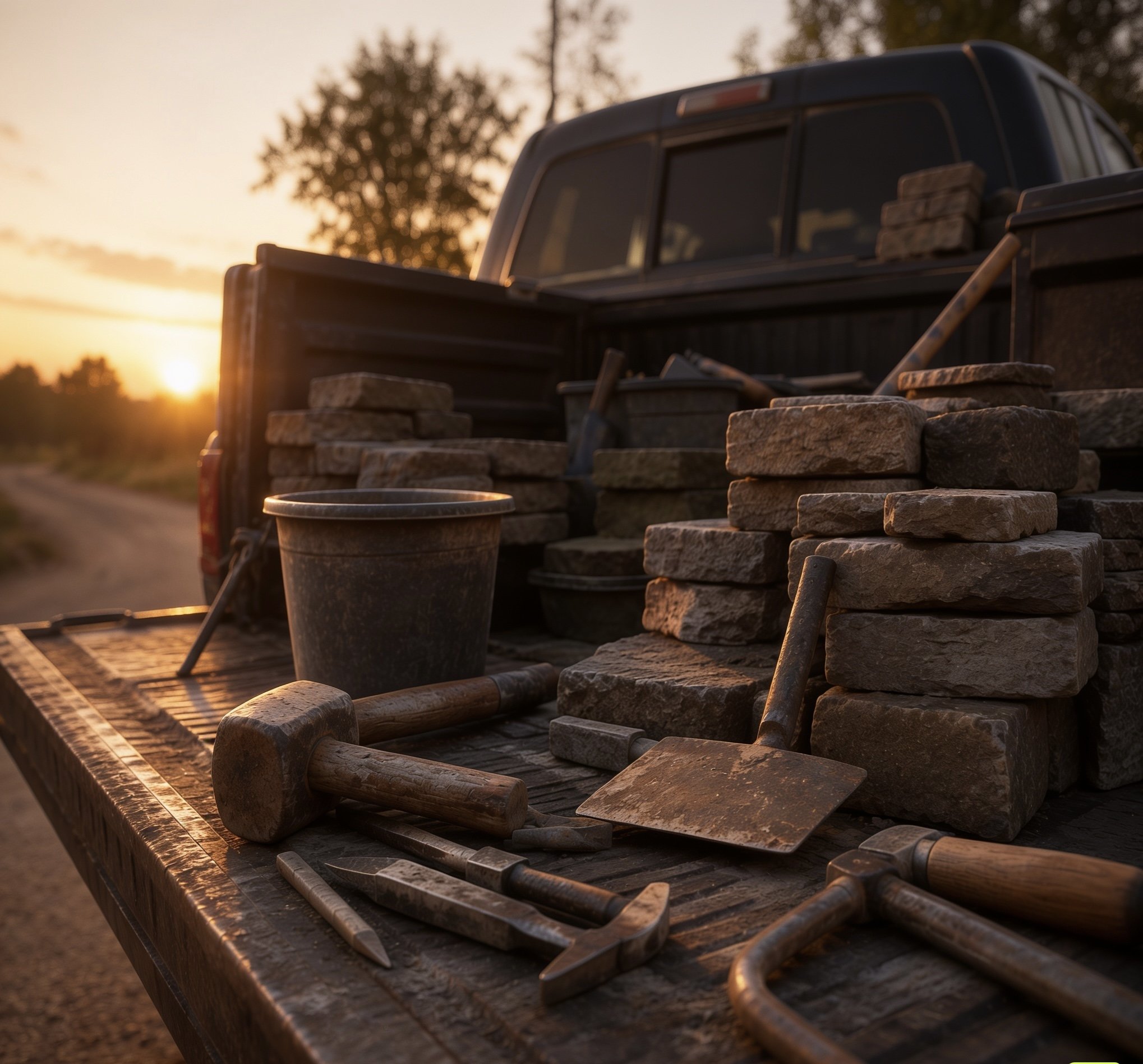 A work truck loaded with stone and tools at the end of the day
