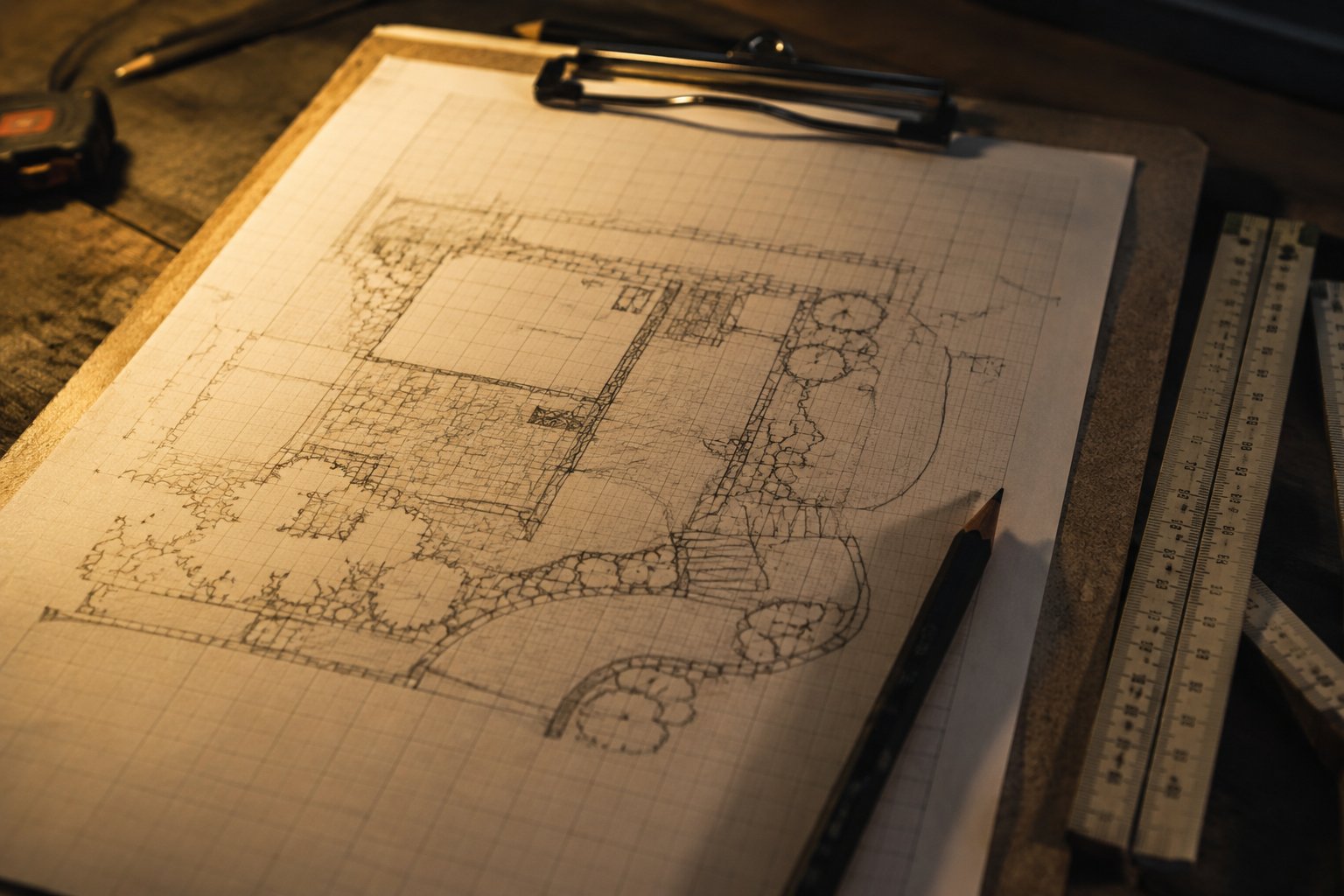 A hand-drawn site sketch on a clipboard, laid out before the estimate