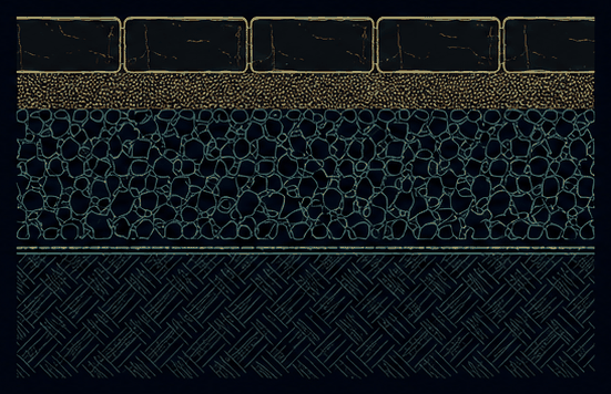 Section diagram of a paver patio's compacted base and bedding layers beneath the pavers