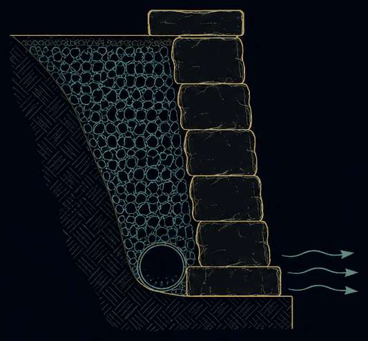 Section diagram of a retaining wall with crushed stone backfill and a drain pipe at its base