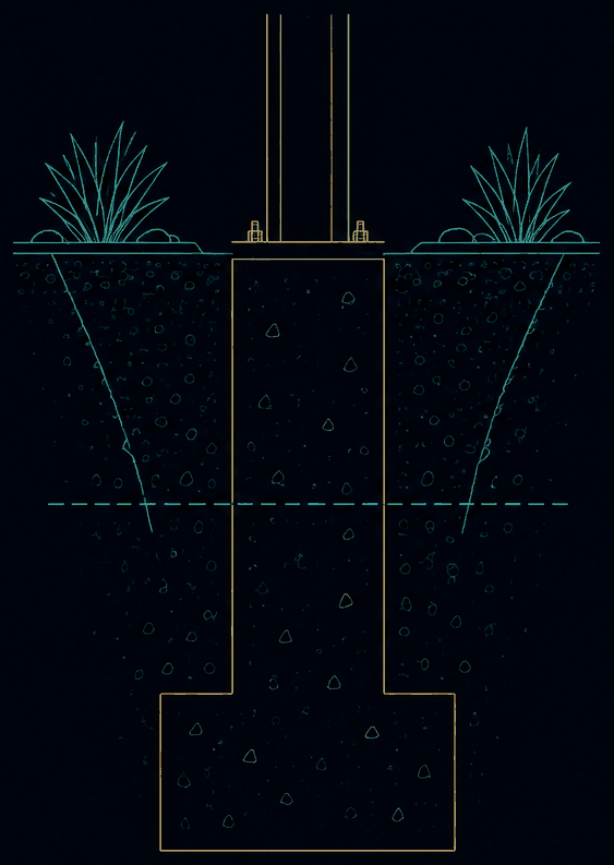 Section diagram of a masonry footing extending below the frost line