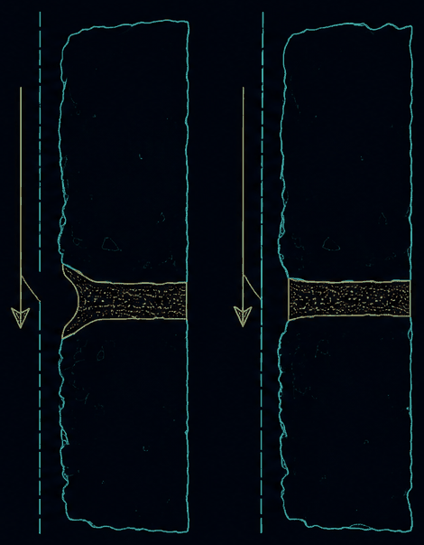Comparison diagram of a concave tooled mortar joint beside a flush joint