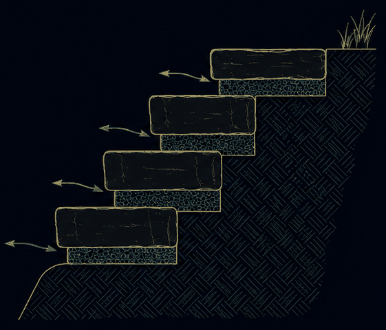 Section diagram of stone steps each pitched slightly forward to shed water