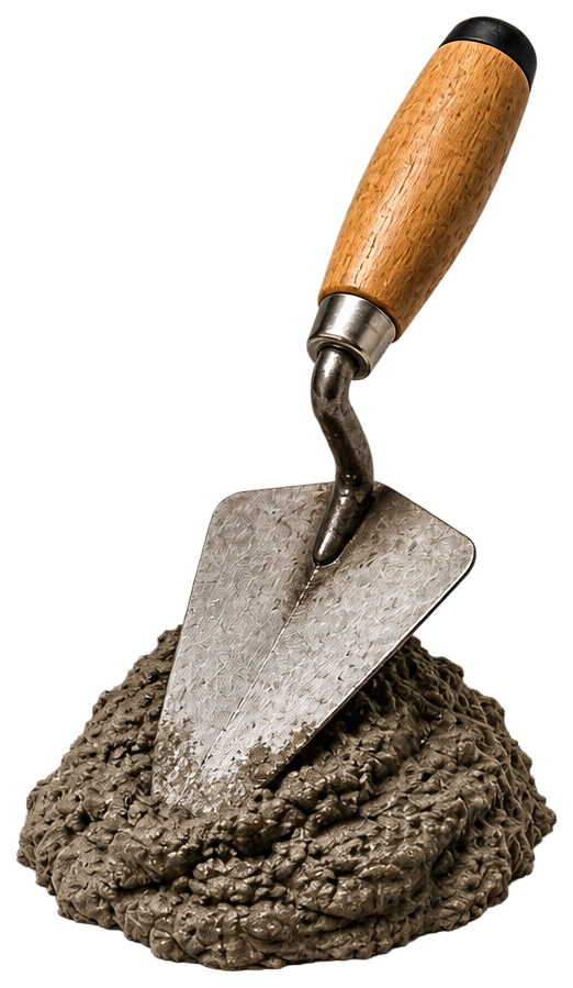 A trowel set in fresh mortar