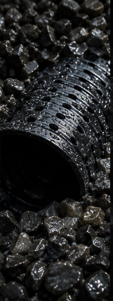A perforated drain pipe set in crushed stone