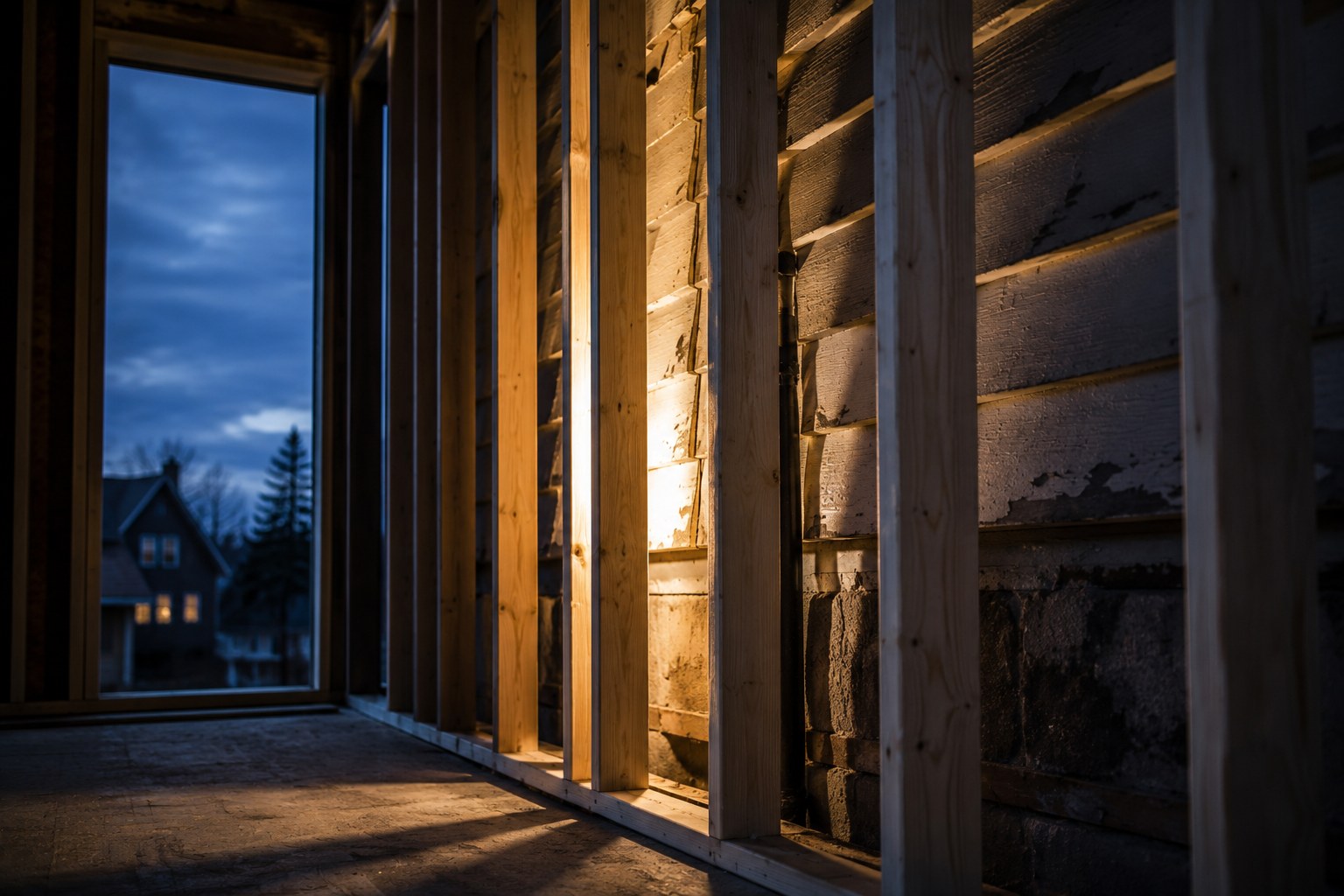 New stud framing against an existing exterior wall at dusk