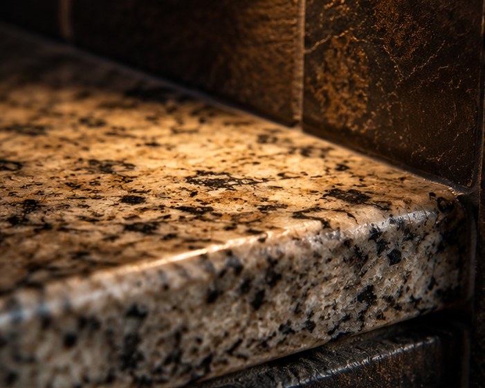 Close detail of a granite kitchen countertop edge