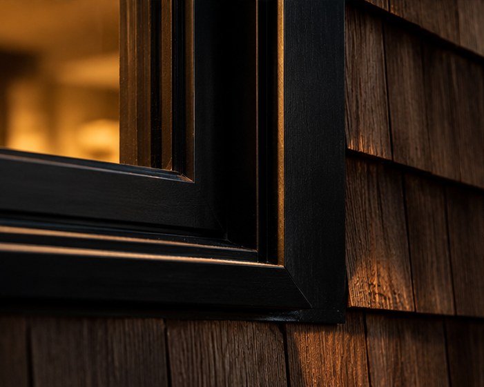 Close detail of a window frame against cedar shingle siding