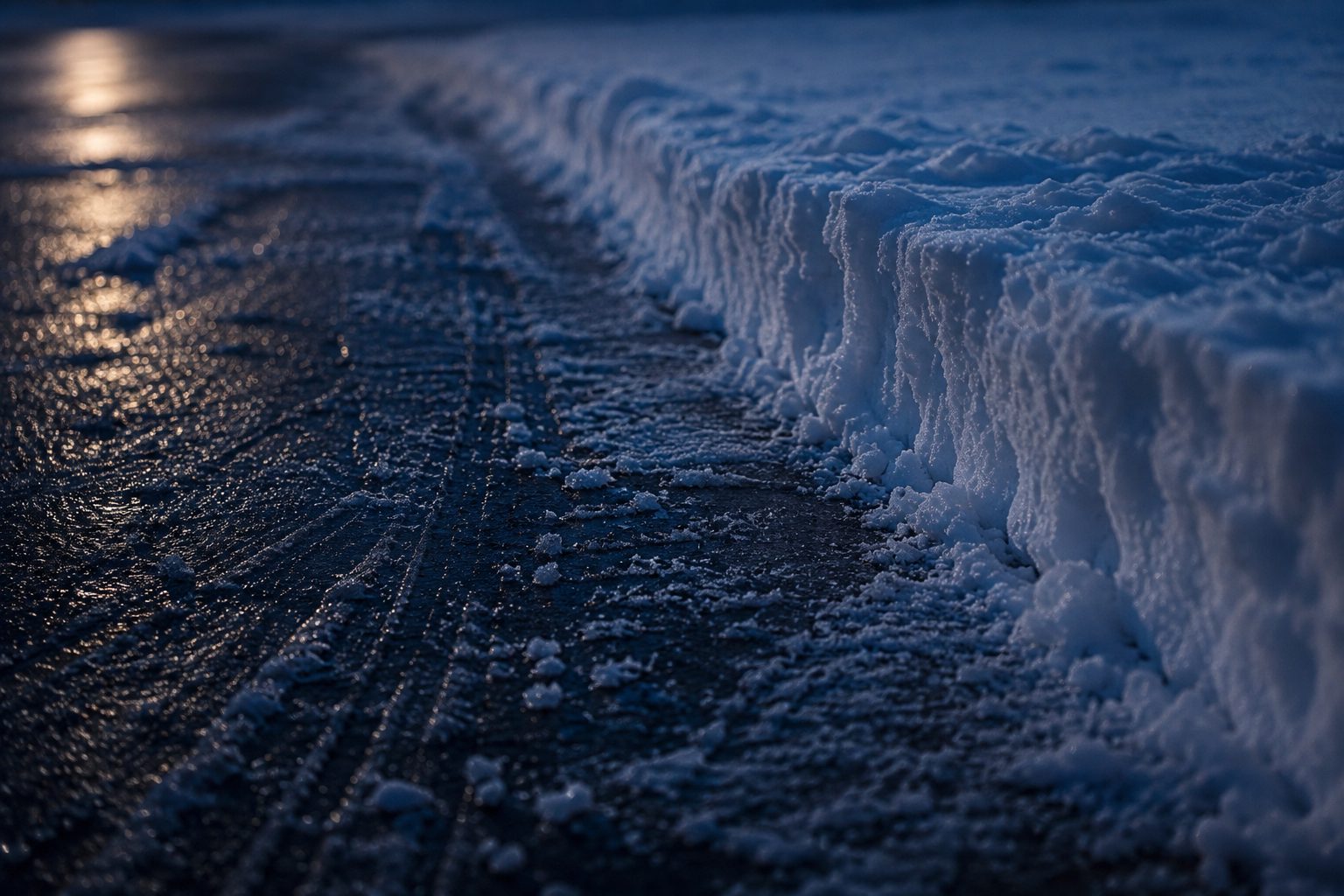 A plowed edge cut clean against wet pavement before dawn