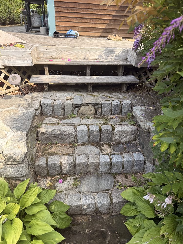Before — the old cobble steps seen from the deck, moss and weeds through open joints