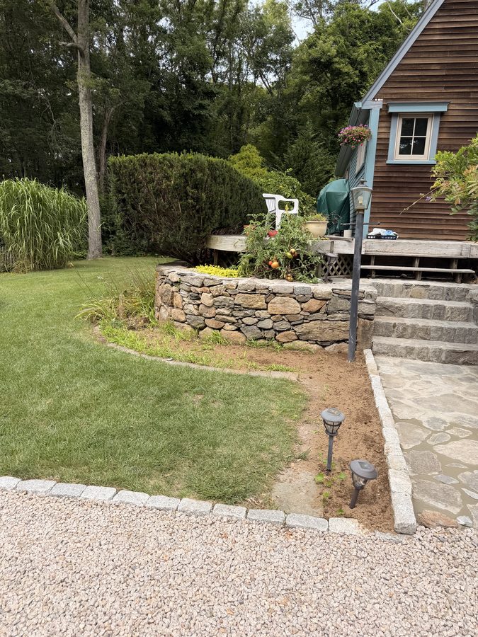 The regraded lawn meeting the cobble edge and the wall