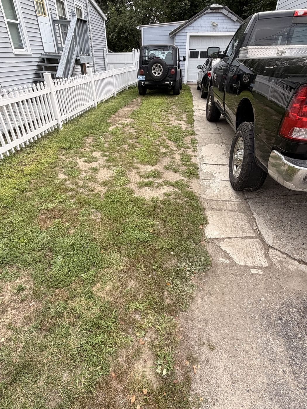 The worn strip of old concrete and grass along the side of the house